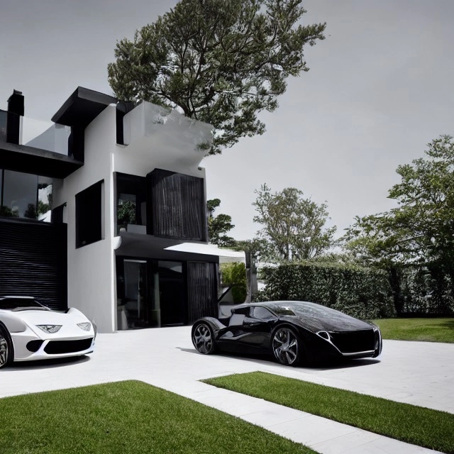 10586-1654983207-luxus supercar in drive way of luxus villa in black dark modern house with sunlight black an white modern.webp
